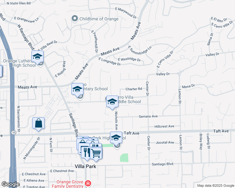 map of restaurants, bars, coffee shops, grocery stores, and more near 9631 Fleet Road in Villa Park