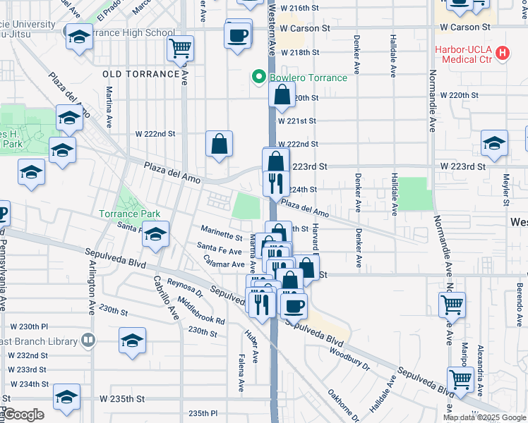 map of restaurants, bars, coffee shops, grocery stores, and more near 22515 South Western Avenue in Torrance