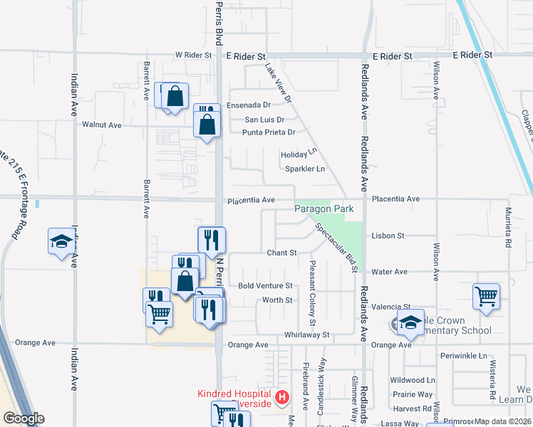 map of restaurants, bars, coffee shops, grocery stores, and more near 2773 Genuine Risk Street in Perris