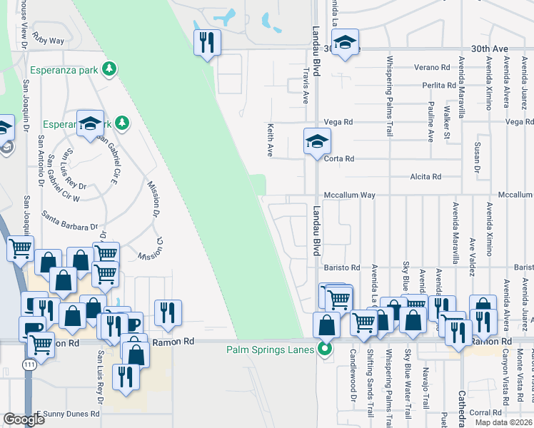 map of restaurants, bars, coffee shops, grocery stores, and more near 31091 Calle Cayuga in Cathedral City