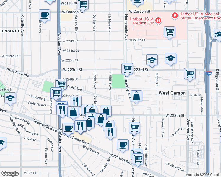 map of restaurants, bars, coffee shops, grocery stores, and more near 1424 West 225th Street in Torrance