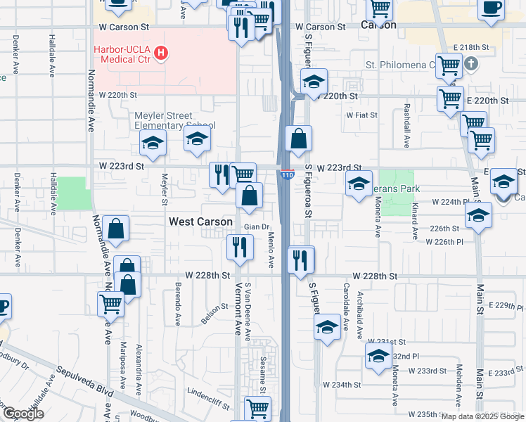 map of restaurants, bars, coffee shops, grocery stores, and more near 22338 Harbor Ridge Lane in Torrance