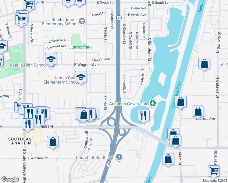 map of restaurants, bars, coffee shops, grocery stores, and more near 2641 East Paladin Avenue in Anaheim