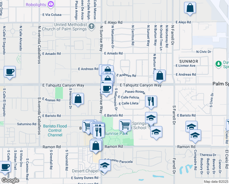 map of restaurants, bars, coffee shops, grocery stores, and more near 150 South Saturmino Drive in Palm Springs