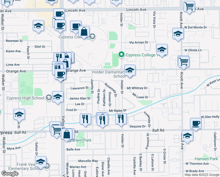 map of restaurants, bars, coffee shops, grocery stores, and more near 6402 Rosemary Drive in Cypress