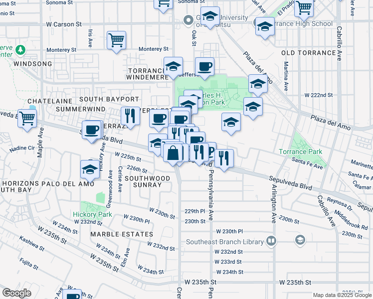 map of restaurants, bars, coffee shops, grocery stores, and more near 2396 Crenshaw Boulevard in Torrance