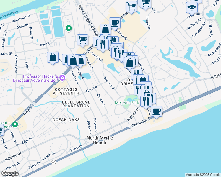 map of restaurants, bars, coffee shops, grocery stores, and more near 501 2nd Avenue South in North Myrtle Beach