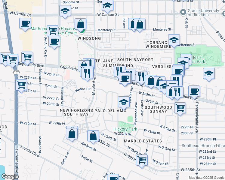 map of restaurants, bars, coffee shops, grocery stores, and more near 2877 226th Street in Torrance