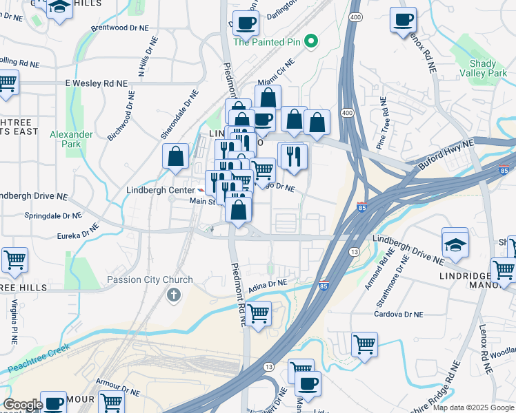 map of restaurants, bars, coffee shops, grocery stores, and more near 2480 Morosgo Place Northeast in Atlanta