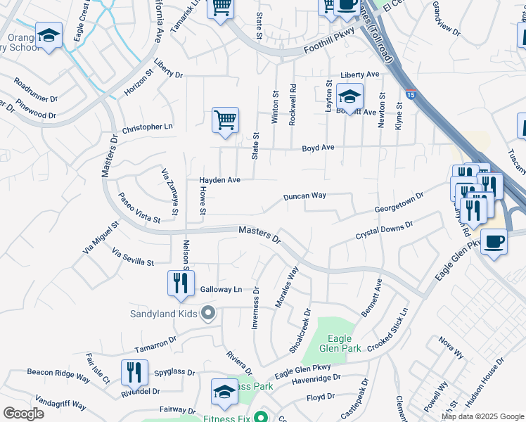 map of restaurants, bars, coffee shops, grocery stores, and more near 3795 Plantation Circle in Corona