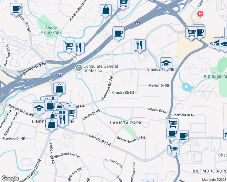 map of restaurants, bars, coffee shops, grocery stores, and more near 1319 Sheridan Road Northeast in Atlanta