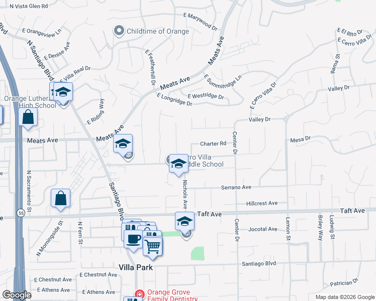 map of restaurants, bars, coffee shops, grocery stores, and more near 9631 Fleet Road in Villa Park