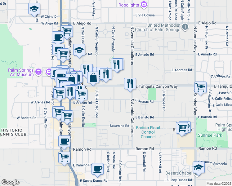 map of restaurants, bars, coffee shops, grocery stores, and more near 802 East Arenas Road in Palm Springs