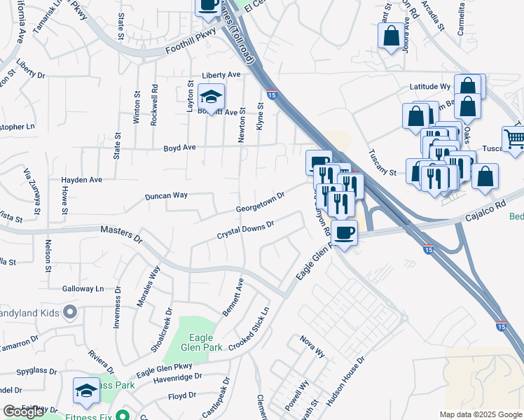 map of restaurants, bars, coffee shops, grocery stores, and more near 2000 Georgetown Drive in Corona