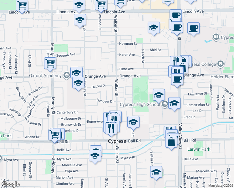 map of restaurants, bars, coffee shops, grocery stores, and more near 9642 Walker Street in Cypress