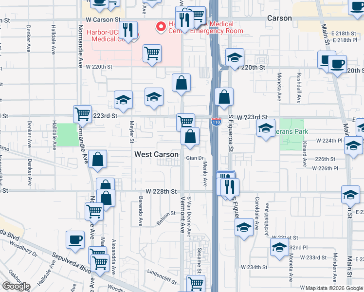 map of restaurants, bars, coffee shops, grocery stores, and more near 22500 Vermont Avenue in Torrance