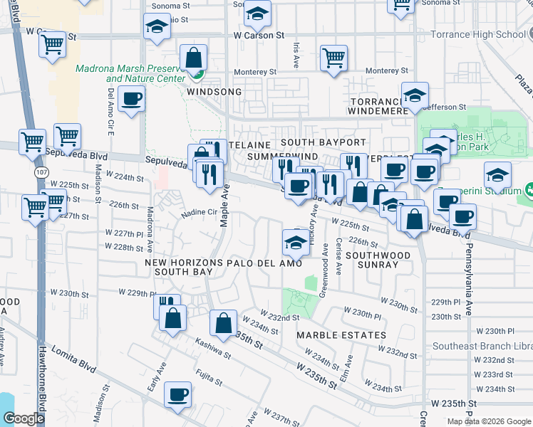 map of restaurants, bars, coffee shops, grocery stores, and more near 2883 226th Street in Torrance