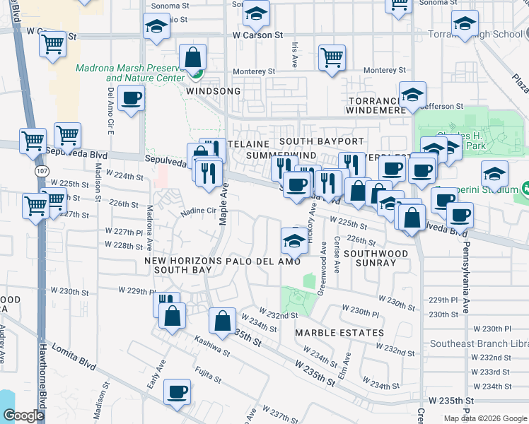 map of restaurants, bars, coffee shops, grocery stores, and more near 2883 226th Street in Torrance