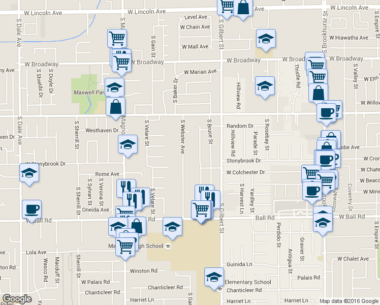 map of restaurants, bars, coffee shops, grocery stores, and more near 708 South Webster Avenue in Anaheim