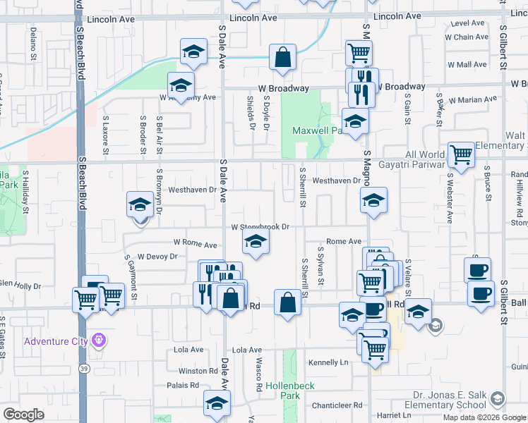 map of restaurants, bars, coffee shops, grocery stores, and more near 719 Wasco Road in Anaheim