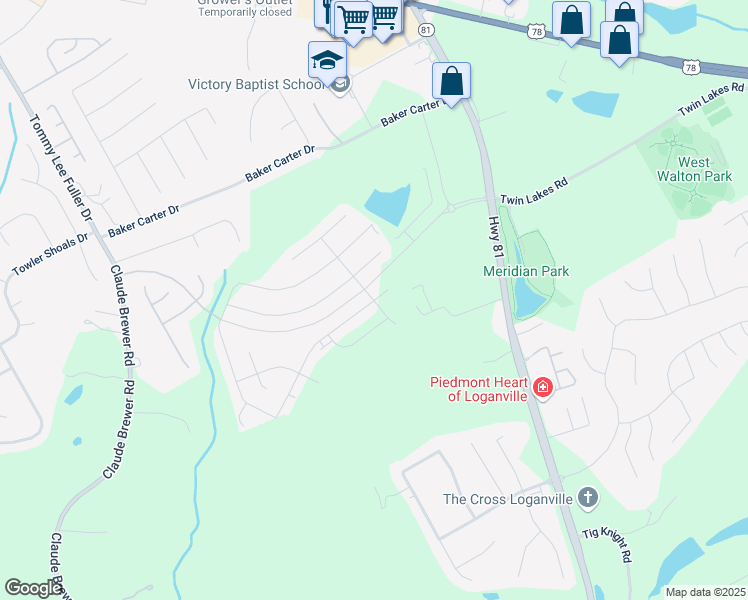 map of restaurants, bars, coffee shops, grocery stores, and more near 702 Bristol Drive in Loganville