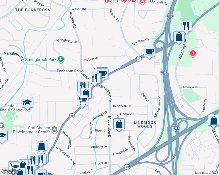 map of restaurants, bars, coffee shops, grocery stores, and more near 3144 Caintal Court in Decatur