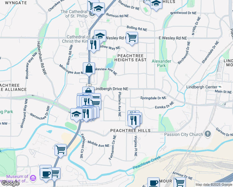 map of restaurants, bars, coffee shops, grocery stores, and more near 215 Terrace Drive Northeast in Atlanta