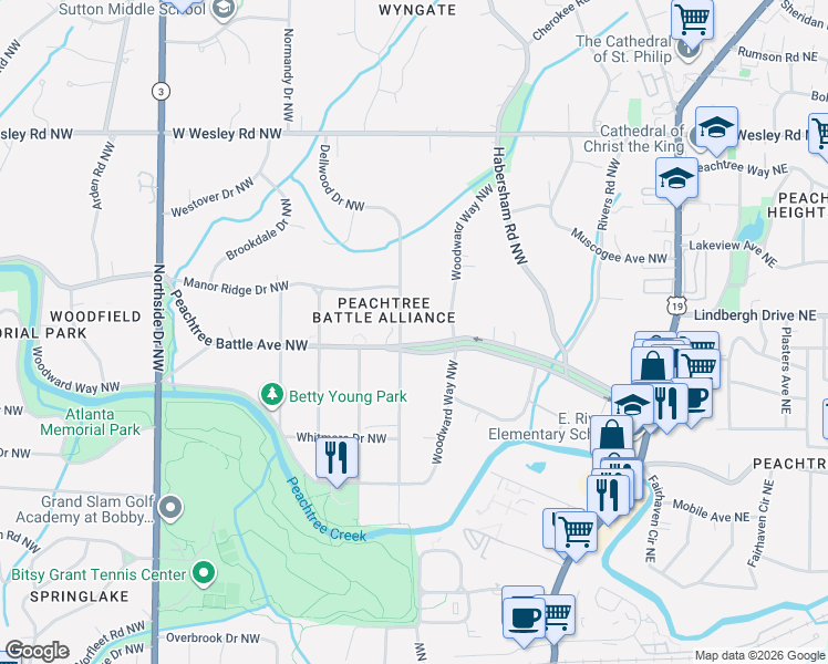 map of restaurants, bars, coffee shops, grocery stores, and more near 309 Peachtree Battle Avenue Northwest in Atlanta