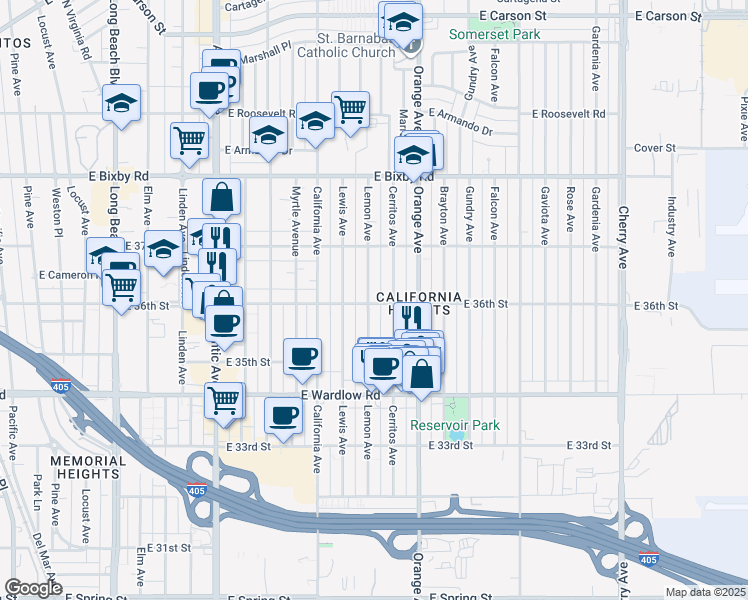 map of restaurants, bars, coffee shops, grocery stores, and more near 3602 Lemon Avenue in Long Beach