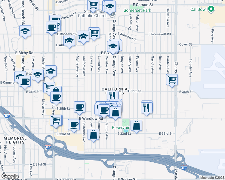 map of restaurants, bars, coffee shops, grocery stores, and more near 1183 East 36th Street in Long Beach