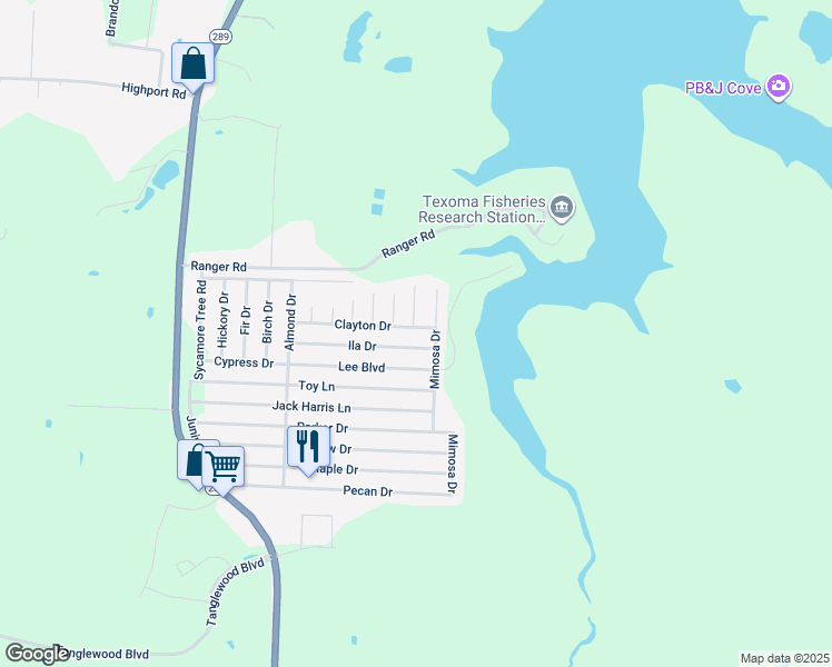map of restaurants, bars, coffee shops, grocery stores, and more near 288 Clayton Drive in Pottsboro