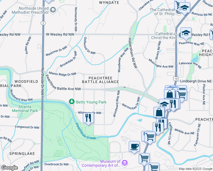 map of restaurants, bars, coffee shops, grocery stores, and more near 315 Peachtree Battle Avenue Northwest in Atlanta