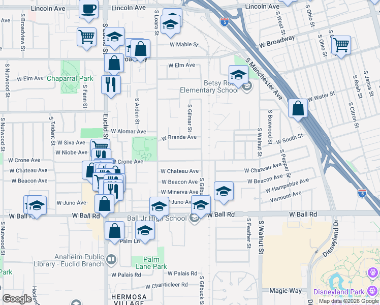 map of restaurants, bars, coffee shops, grocery stores, and more near 1534 West Edithia Avenue in Anaheim