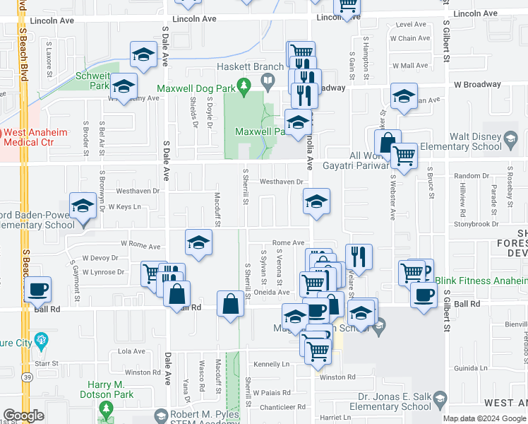 map of restaurants, bars, coffee shops, grocery stores, and more near 720 South Sylvan Street in Anaheim