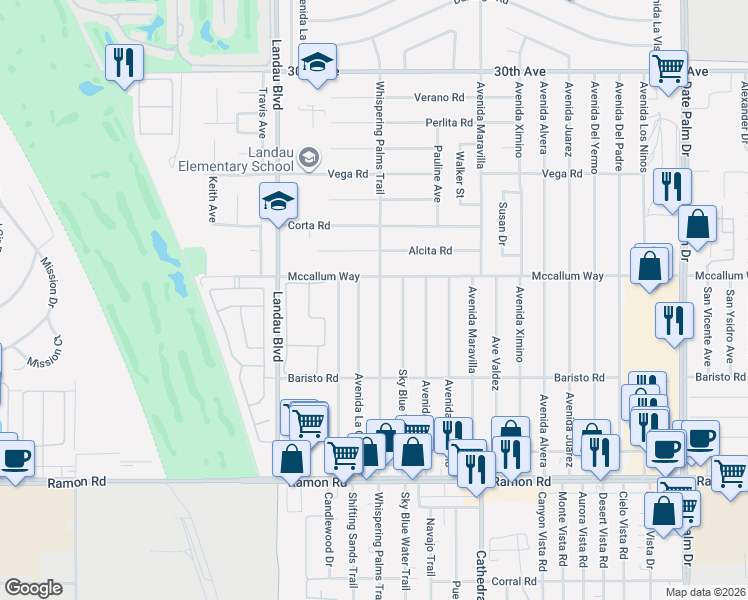 map of restaurants, bars, coffee shops, grocery stores, and more near 31115 Whispering Palms Trail in Cathedral City