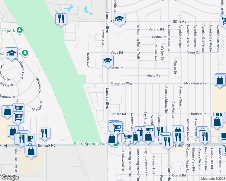 map of restaurants, bars, coffee shops, grocery stores, and more near 31200 Landau Boulevard in Cathedral City