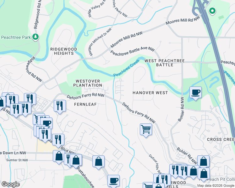 map of restaurants, bars, coffee shops, grocery stores, and more near 2 Spinning House Place Northwest in Atlanta