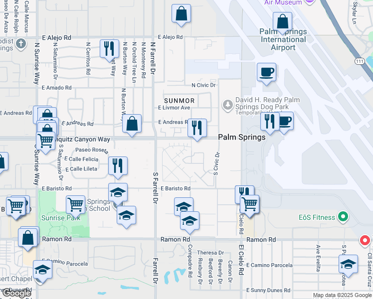 map of restaurants, bars, coffee shops, grocery stores, and more near 2743 Sunrise Sonata Lane in Palm Springs