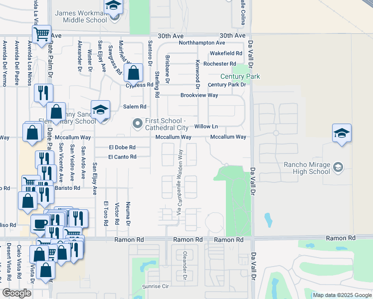 map of restaurants, bars, coffee shops, grocery stores, and more near 401 Via Milano in Cathedral City