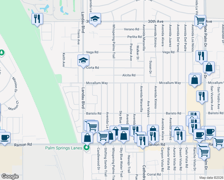 map of restaurants, bars, coffee shops, grocery stores, and more near 31160 Avenida La Gaviota in Cathedral City