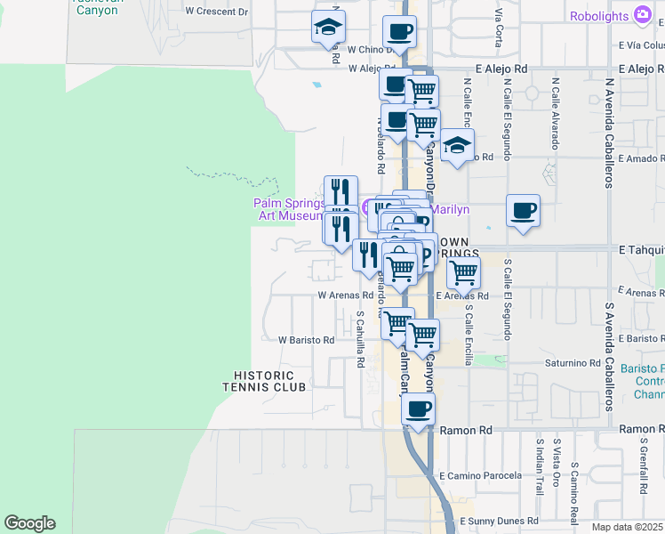 map of restaurants, bars, coffee shops, grocery stores, and more near 399 Villaggio North in Palm Springs