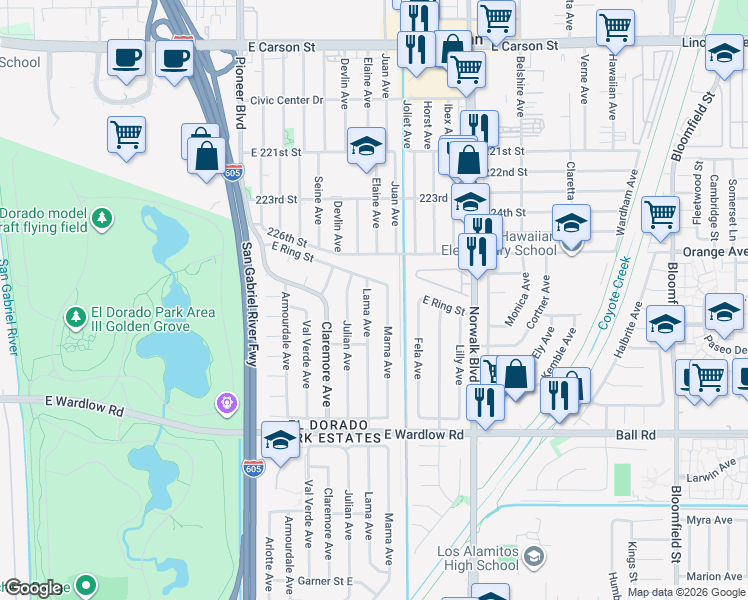 map of restaurants, bars, coffee shops, grocery stores, and more near 3580 Marna Avenue in Long Beach