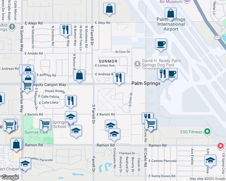 map of restaurants, bars, coffee shops, grocery stores, and more near 2743 Sunrise Sonata Lane in Palm Springs