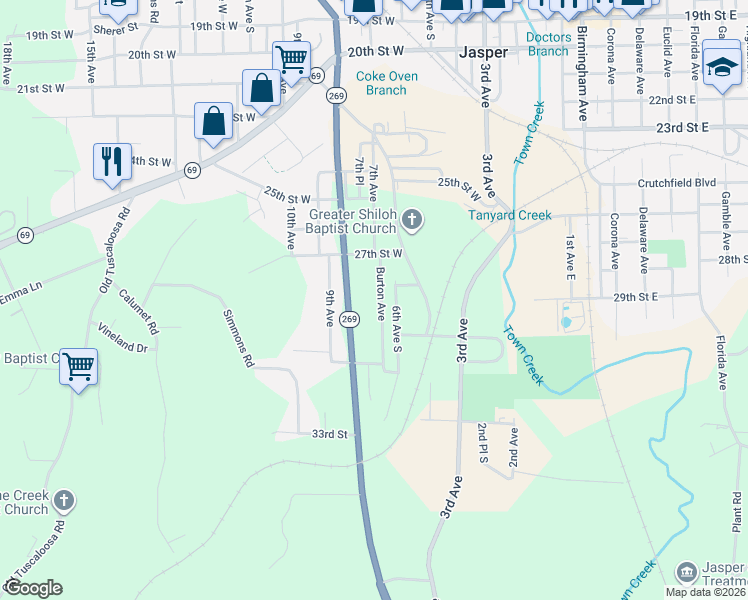 map of restaurants, bars, coffee shops, grocery stores, and more near 2804 Burton Avenue in Jasper