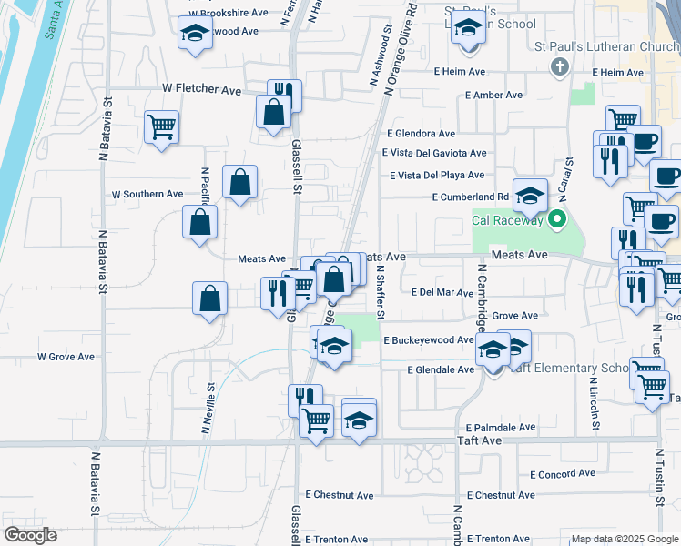 map of restaurants, bars, coffee shops, grocery stores, and more near 2047 North Orange Olive Road in Orange