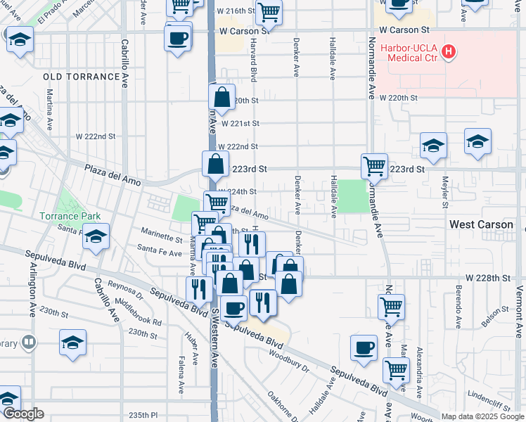 map of restaurants, bars, coffee shops, grocery stores, and more near 22503 Harvard Boulevard in Torrance