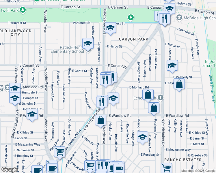 map of restaurants, bars, coffee shops, grocery stores, and more near 3597 North Los Coyotes Diagonal in Long Beach