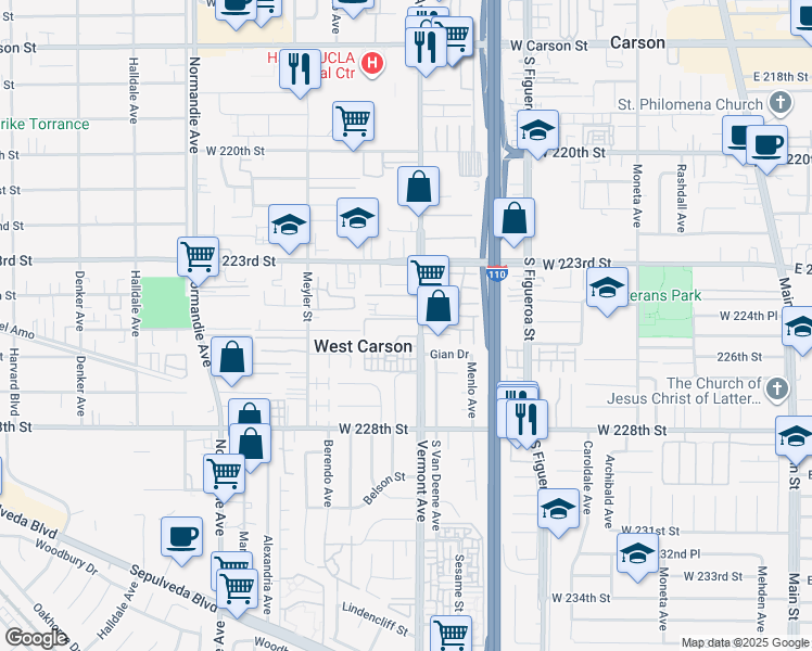 map of restaurants, bars, coffee shops, grocery stores, and more near 22433 South Vermont Avenue in Torrance