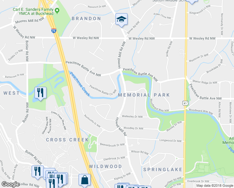 map of restaurants, bars, coffee shops, grocery stores, and more near 918 Peachtree Battle Circle Northwest in Atlanta
