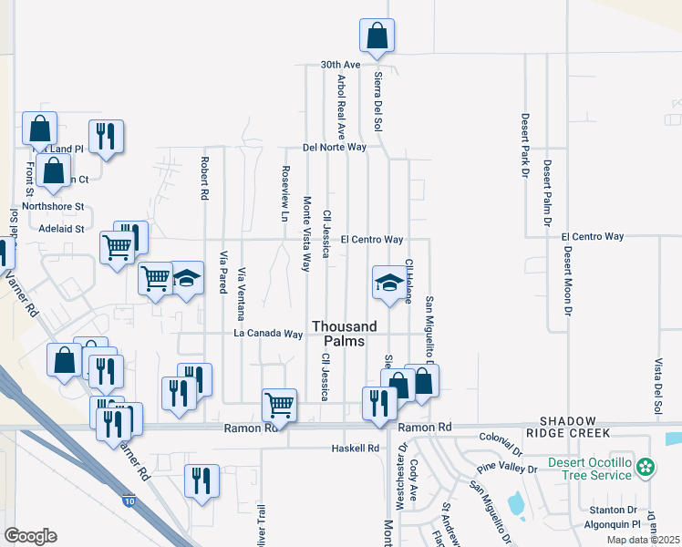 map of restaurants, bars, coffee shops, grocery stores, and more near 31163 Arbol Real Avenue in Thousand Palms